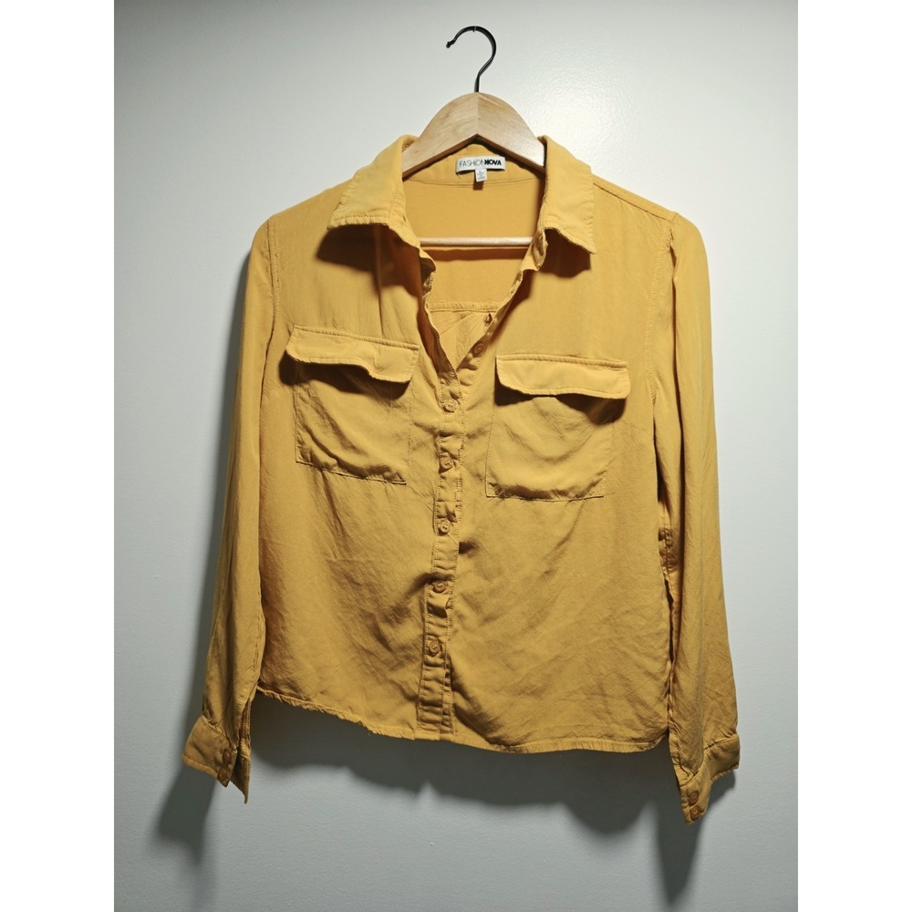 Fashion Nova Womens Blouse Top Shirt Mustard Long Sleeve Button Up Size L Rayon